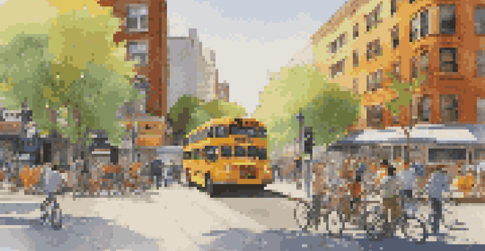 A busy city street with a bus, bicycles, a taxi, and pedestrians during sunset.
