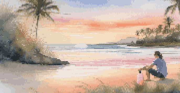 A person filling a reusable water bottle at a serene beach during sunrise, with soft waves and lush greenery around.