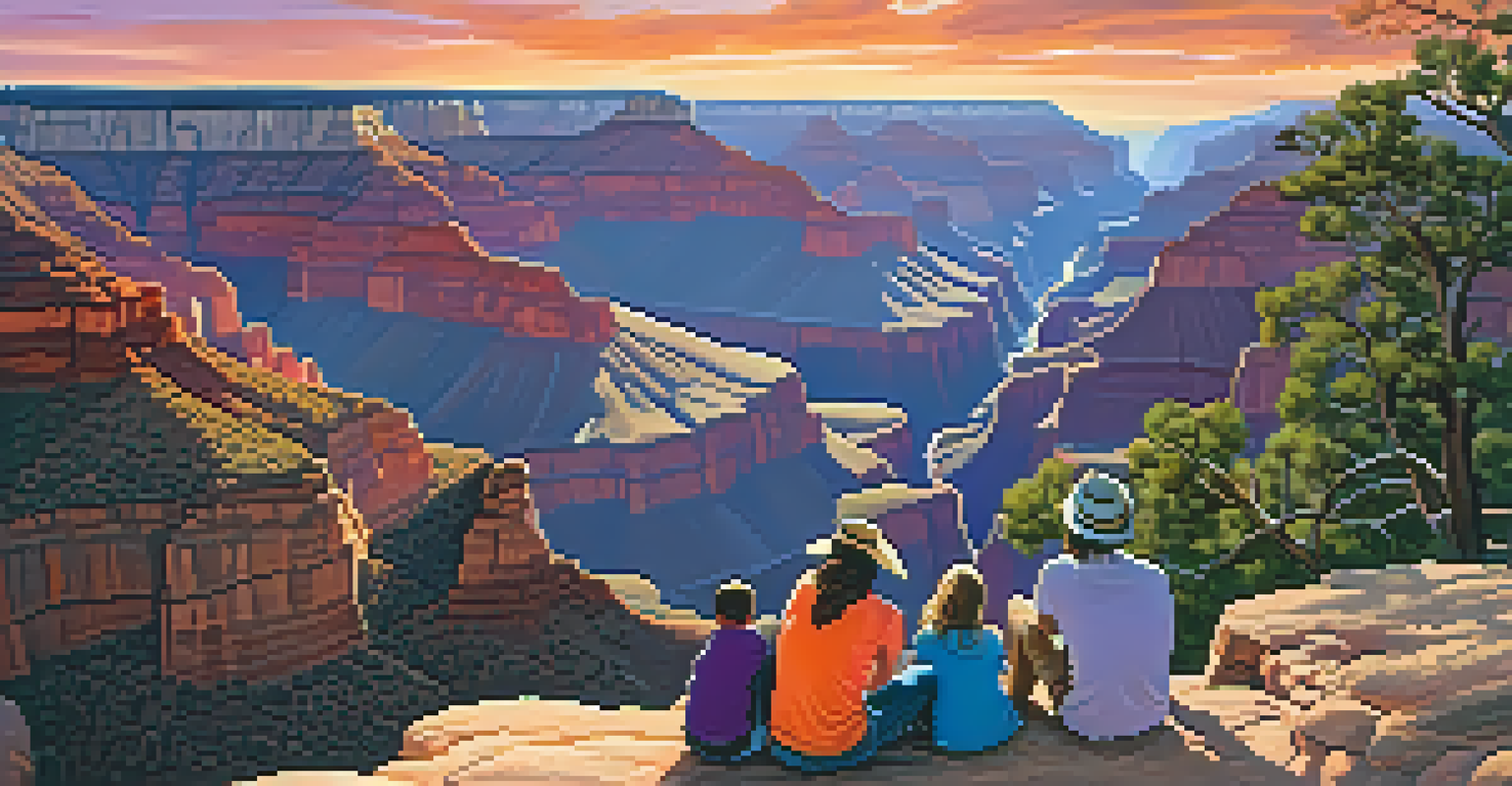 A picturesque sunset over the Grand Canyon with a family sitting at the rim, surrounded by colorful rock formations.