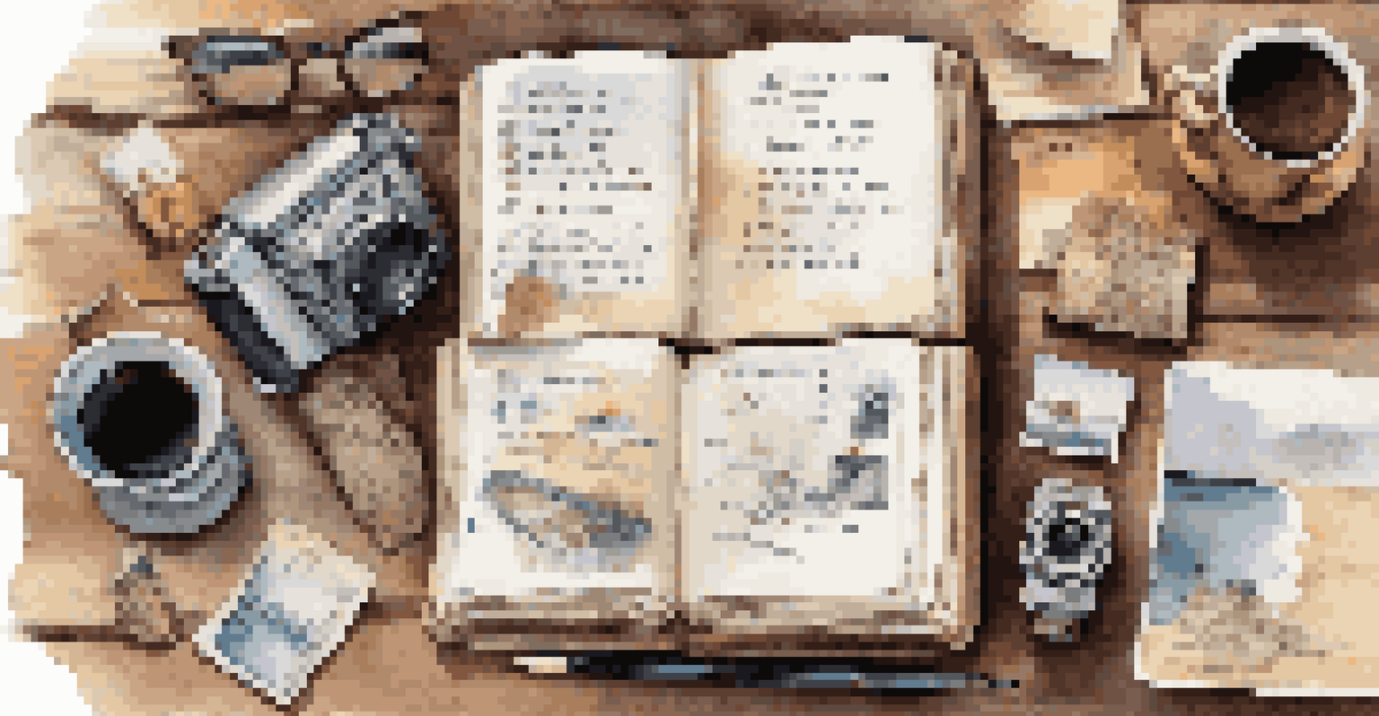 A travel journal with handwritten notes, surrounded by travel souvenirs and a cup of coffee.