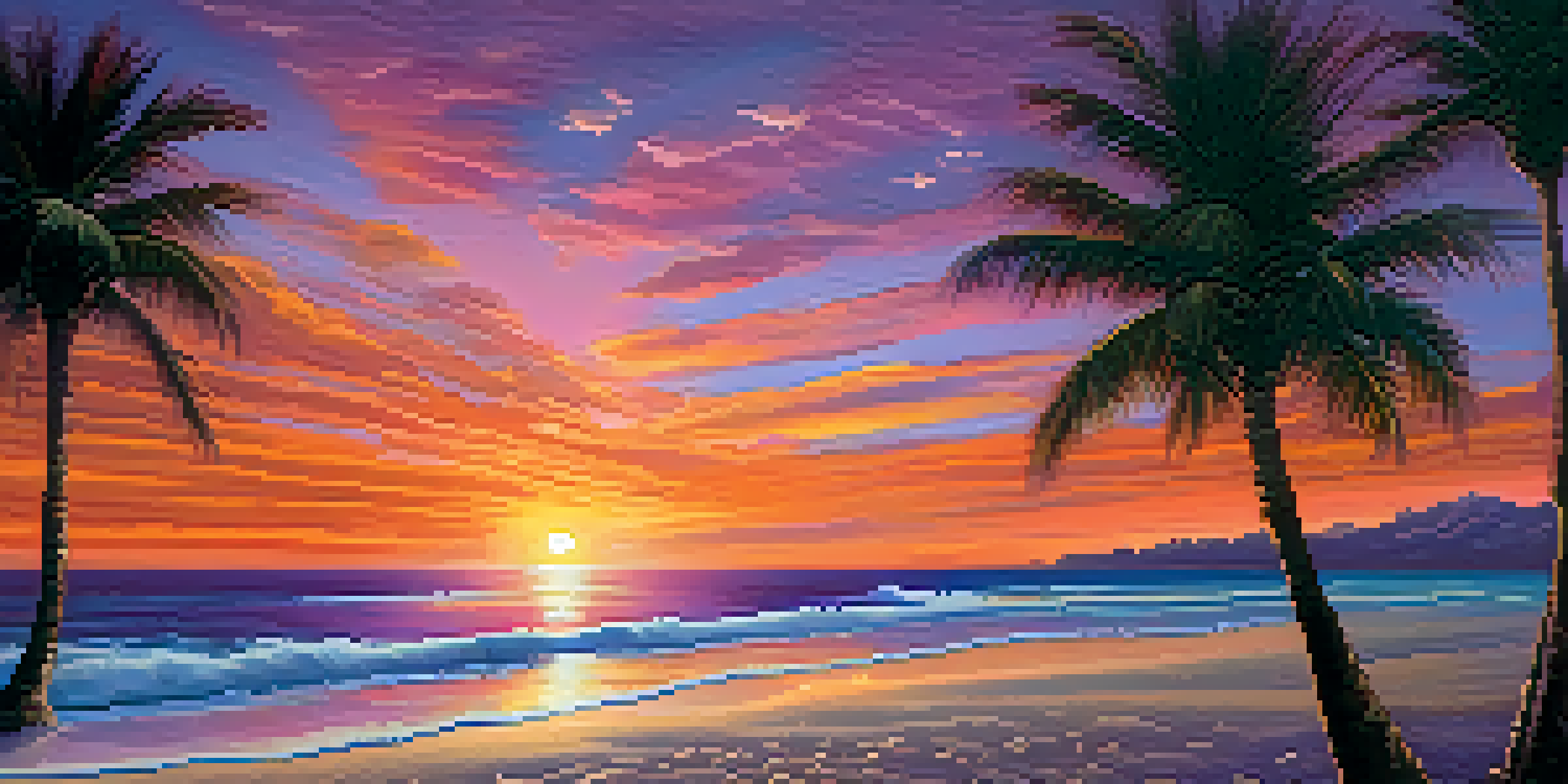 A vibrant sunset over a peaceful beach, with palm trees and seashells on the sand.