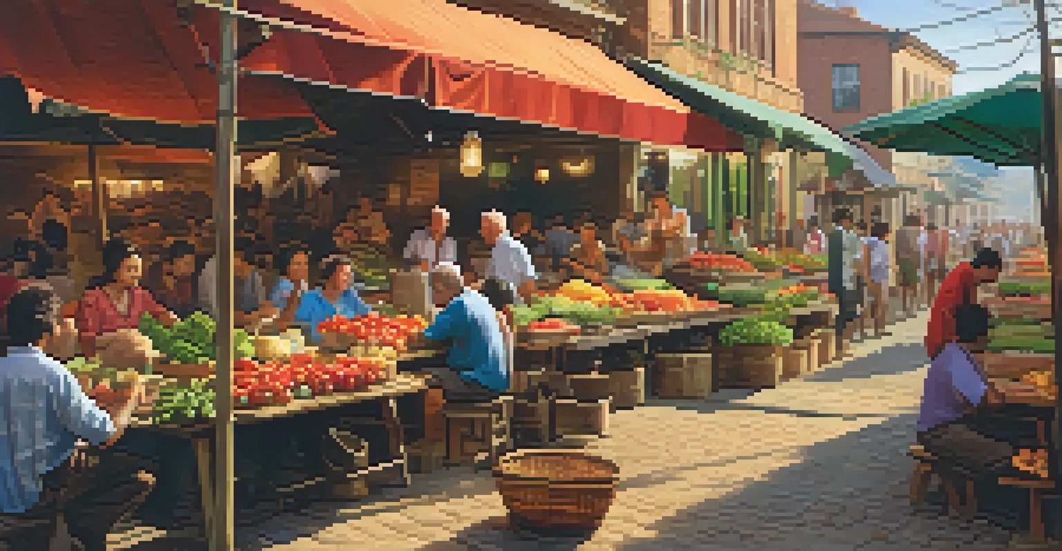 Travelers dining at a local market, enjoying fresh farm-to-table dishes.