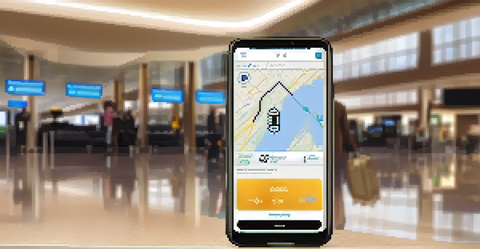 A close-up of a smartphone displaying GPS tracking for smart luggage, with a suitcase in the background in an airport lounge.