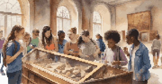 A group of students exploring a historical museum, looking at artifacts with excitement.