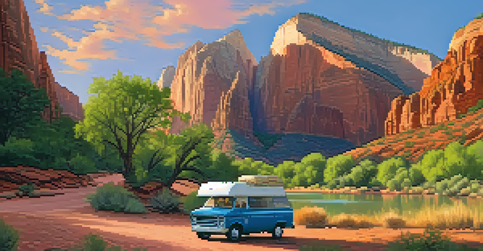 The stunning landscape of Zion National Park at sunset with a van parked by the river and a picnic setup.