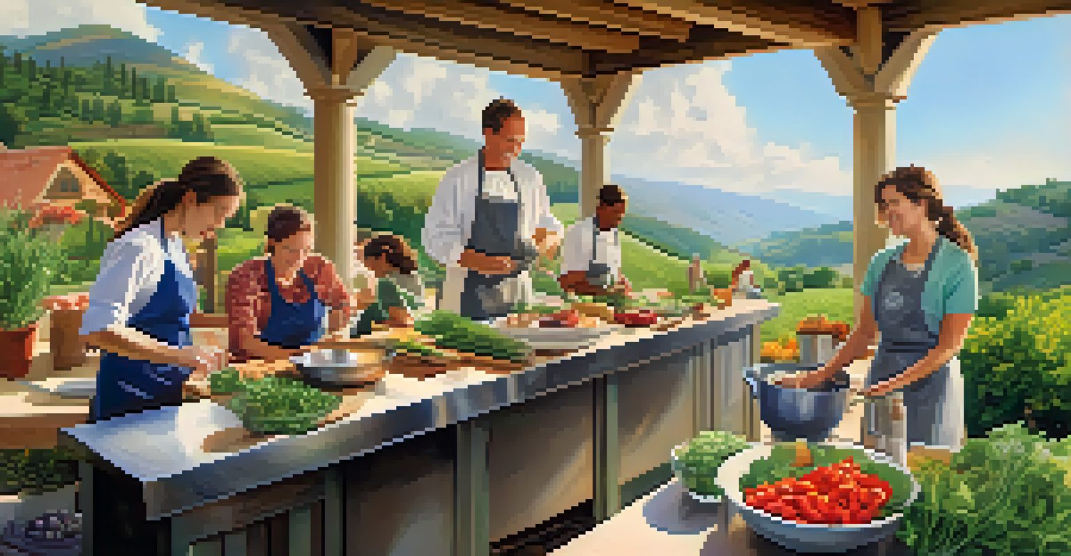 Participants in an outdoor cooking class preparing a meal with fresh local ingredients, surrounded by a beautiful landscape.