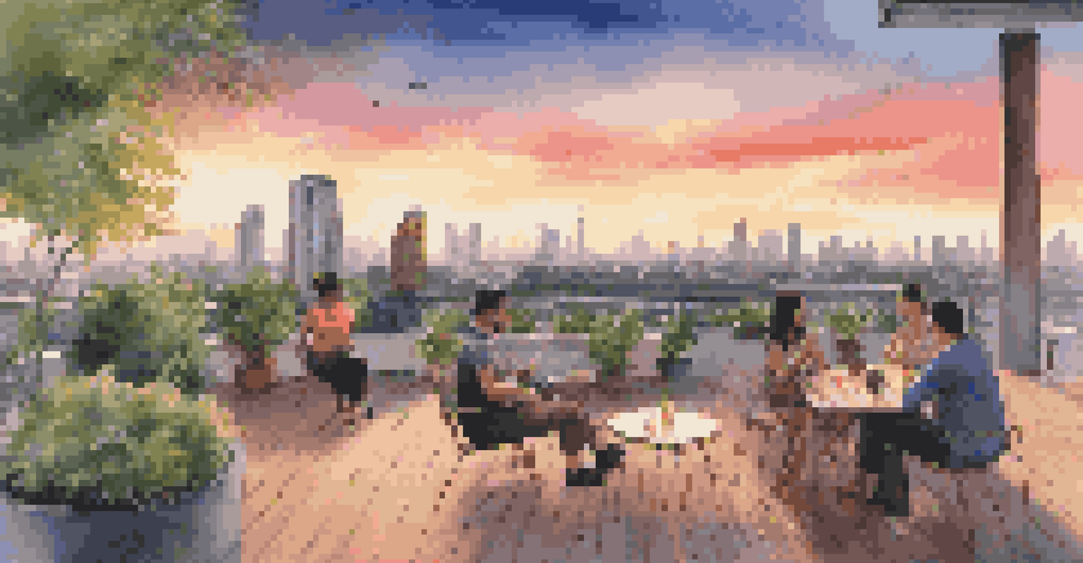 A stunning rooftop terrace in Bangkok with a sunset view, where people relax and enjoy the city skyline.