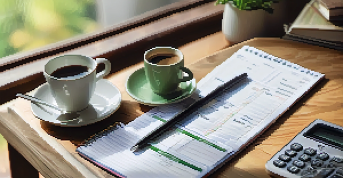 A travel budget planner with a notepad, calculator, and coffee cup on a wooden table, illuminated by natural light.