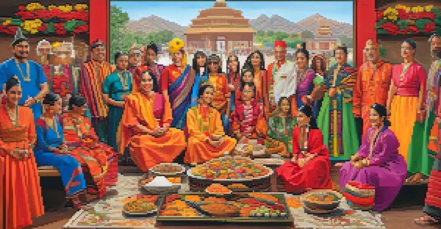 A colorful collage displaying various cultural celebrations with traditional attire, decorations, and shared meals.