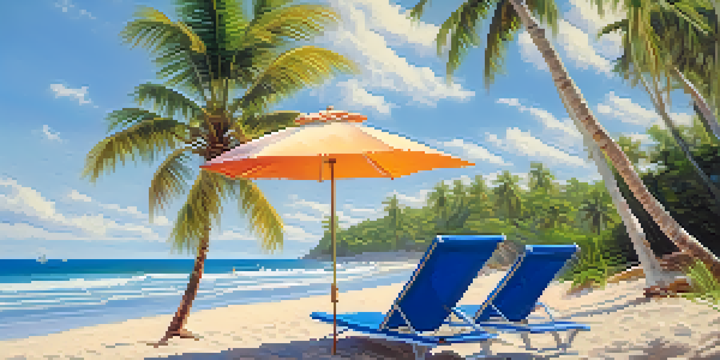 A peaceful beach with soft sand, gentle waves, and a single beach chair under an umbrella, surrounded by palm trees.