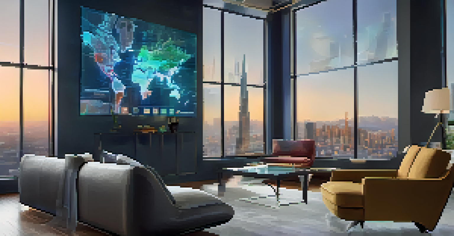 A holographic travel bot projecting a 3D map in a modern living room.