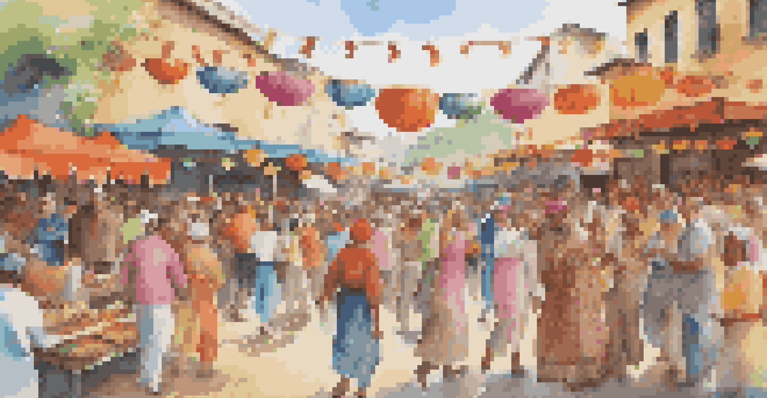 A vibrant local festival with people dancing, food stalls, and a traveler enjoying the atmosphere.