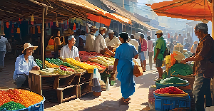 A scene depicting travelers interacting with local vendors in a colorful market filled with handmade crafts and delicious food under warm sunlight.