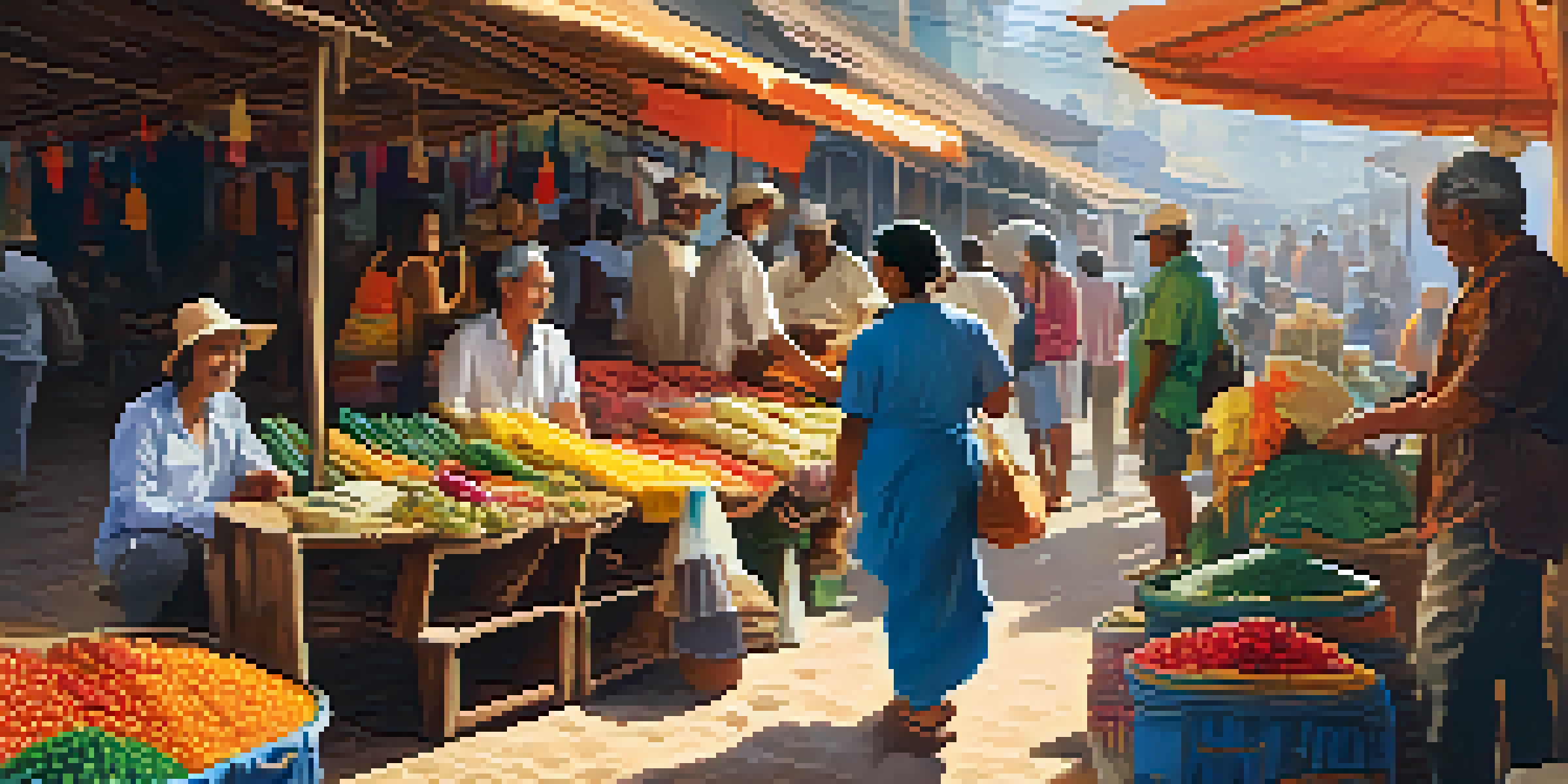 A scene depicting travelers interacting with local vendors in a colorful market filled with handmade crafts and delicious food under warm sunlight.
