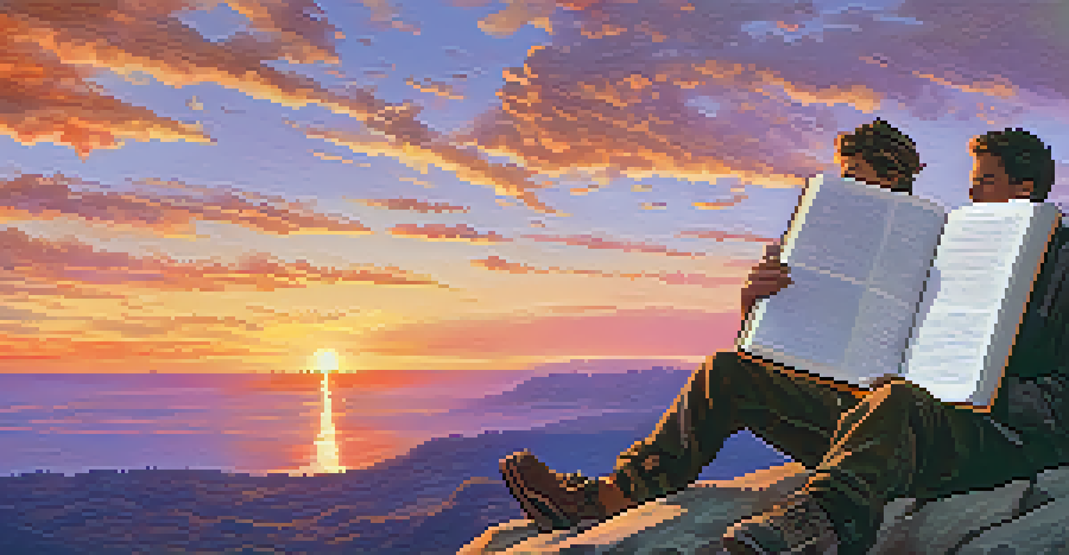 A traveler on a cliff with a sunset view, holding an open travel journal with sketches and notes.