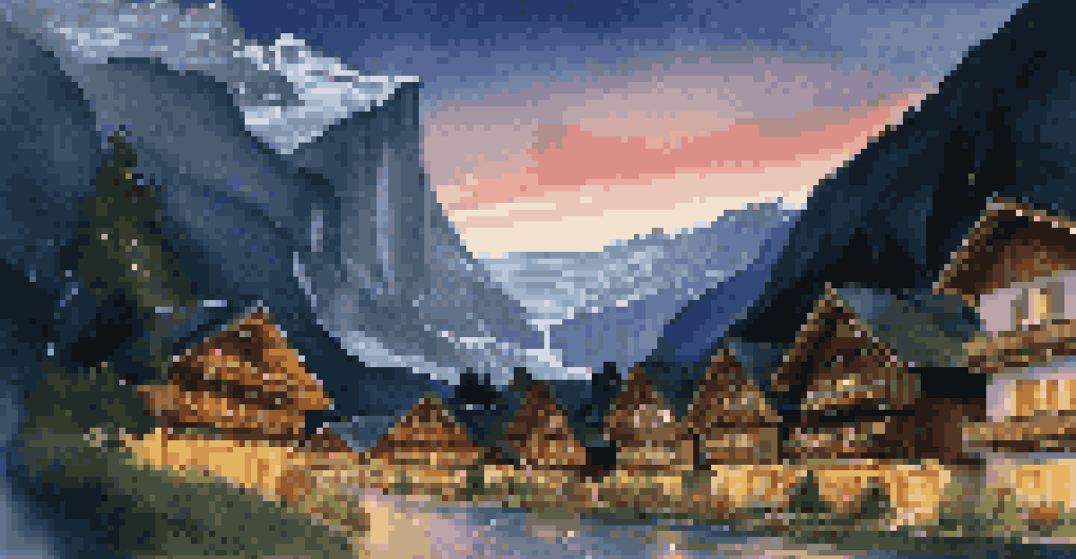 A cozy evening scene in Lauterbrunnen village with wooden chalets and waterfalls illuminated by warm lights at twilight.