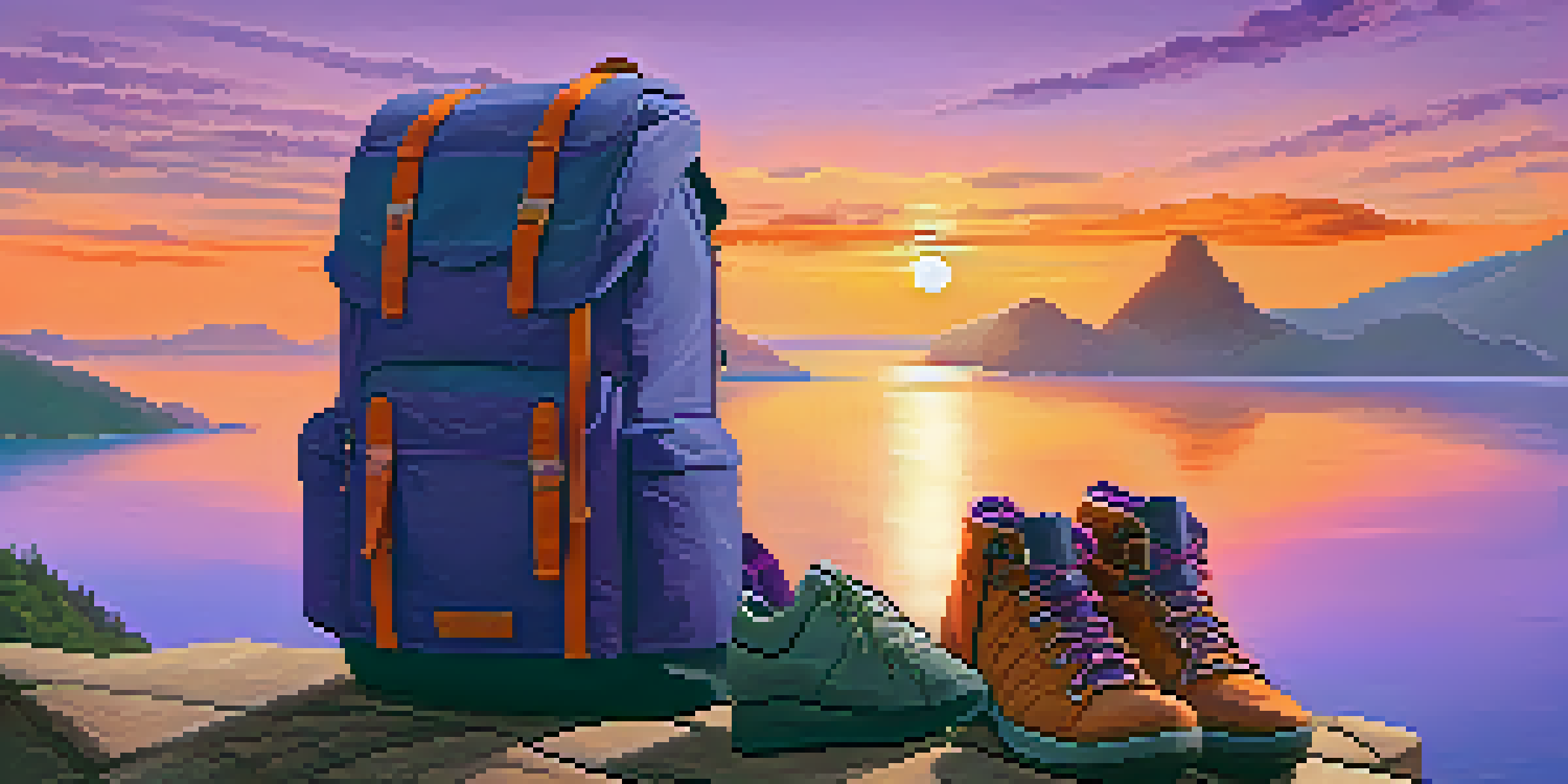 A minimalist travel scene with a backpack, shoes, and a jacket on a rocky outcrop during sunset.