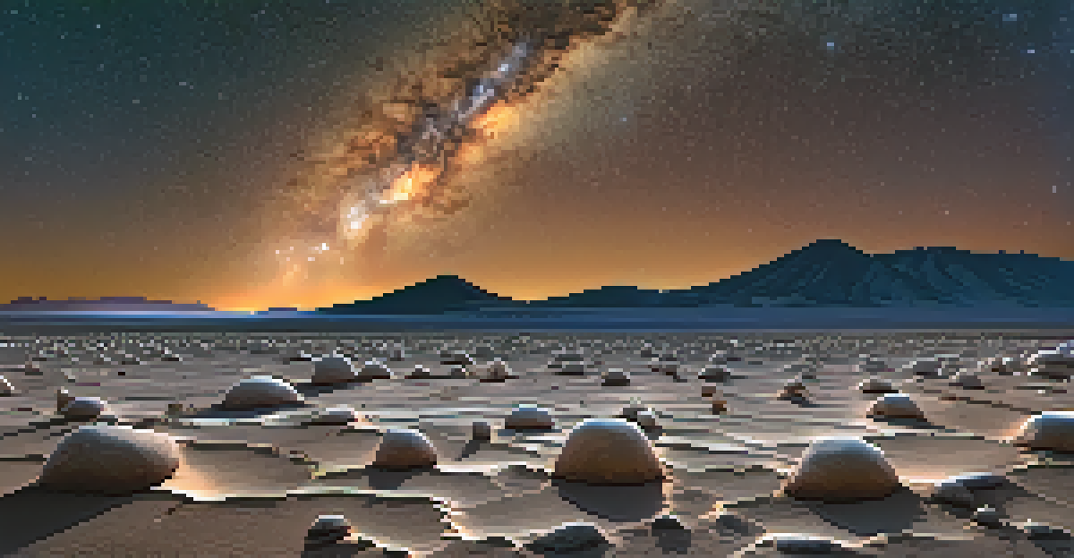 The Atacama Desert at night with unique rock formations and a star-filled sky showing the Milky Way.