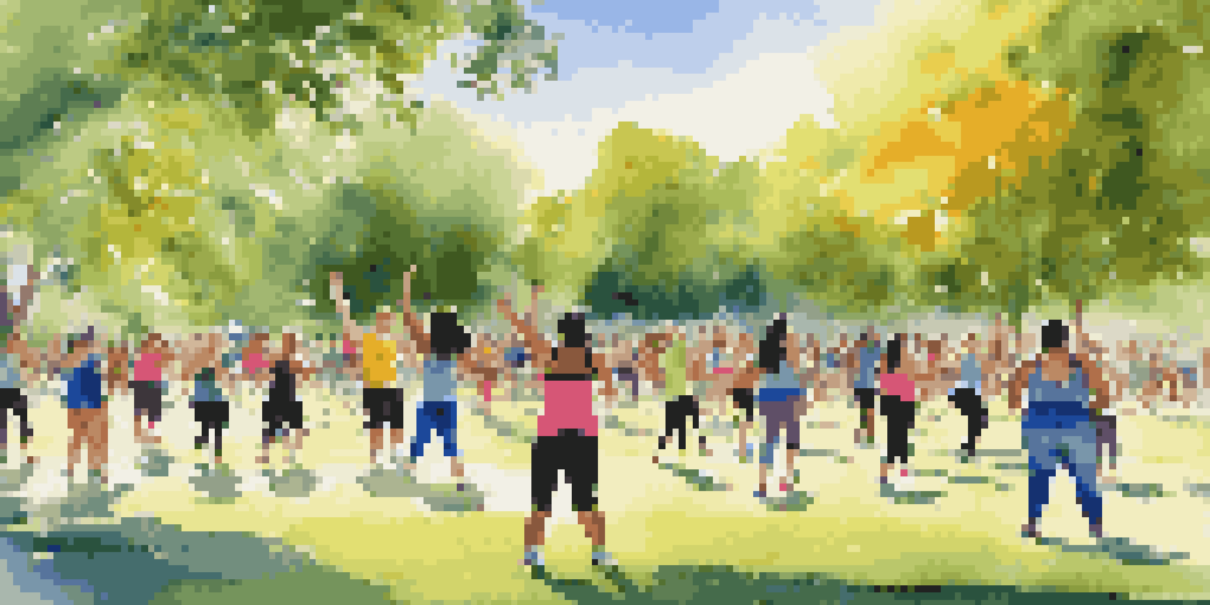 A diverse group of people enjoying a Zumba class outdoors in a park, surrounded by greenery and under a bright sky.