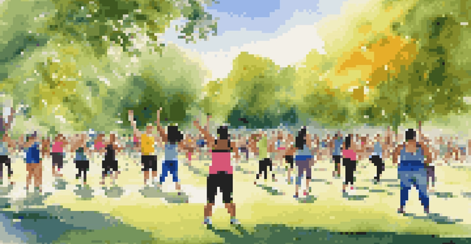 A diverse group of people enjoying a Zumba class outdoors in a park, surrounded by greenery and under a bright sky.