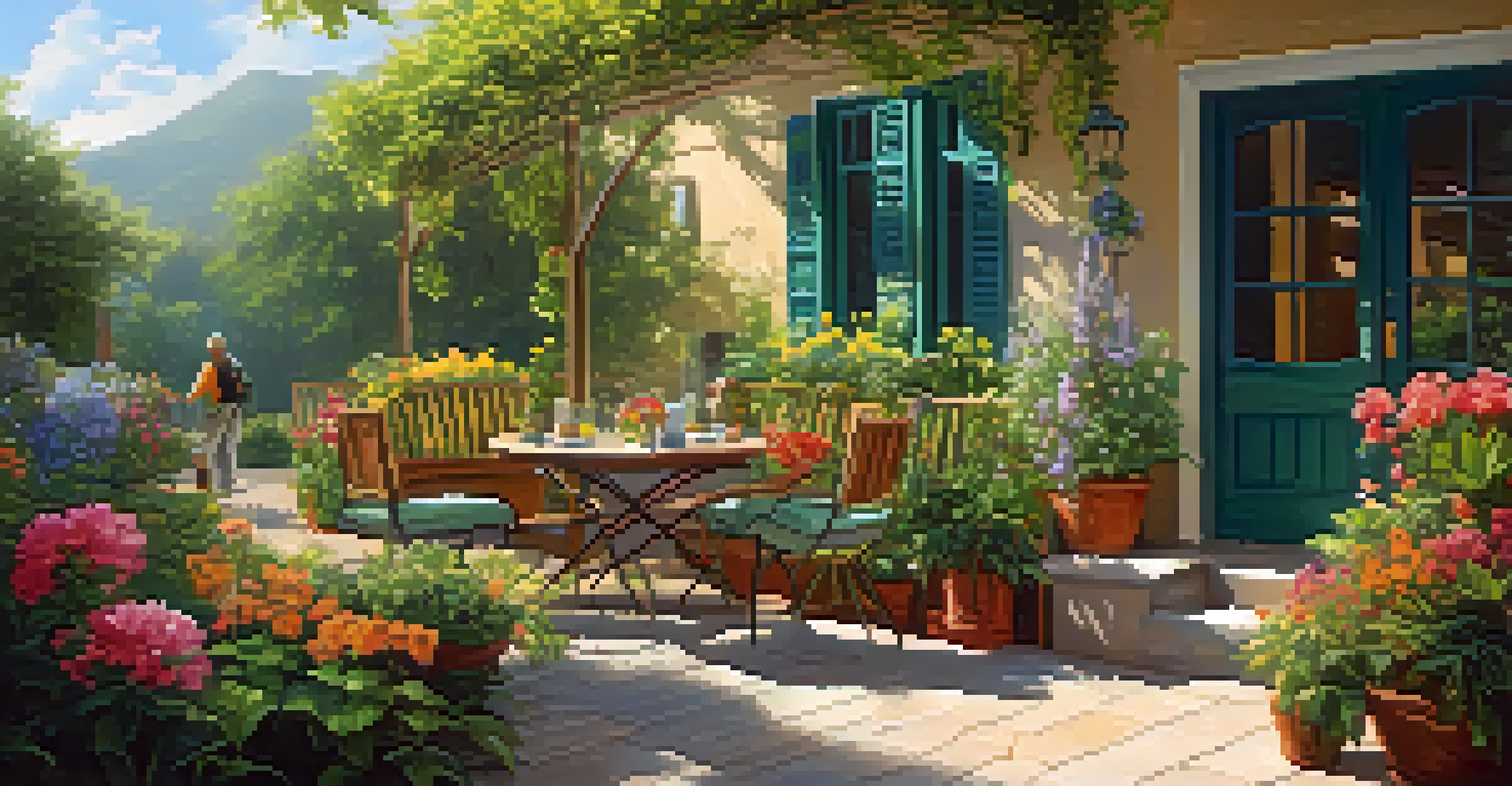 A traveler gardening with a local host on a sunny outdoor patio surrounded by blooming flowers and greenery.