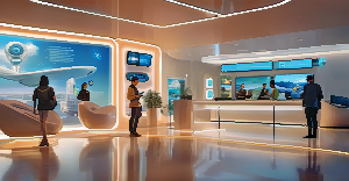 A modern travel agency office where travelers use digital devices to interact with chatbots for travel assistance.