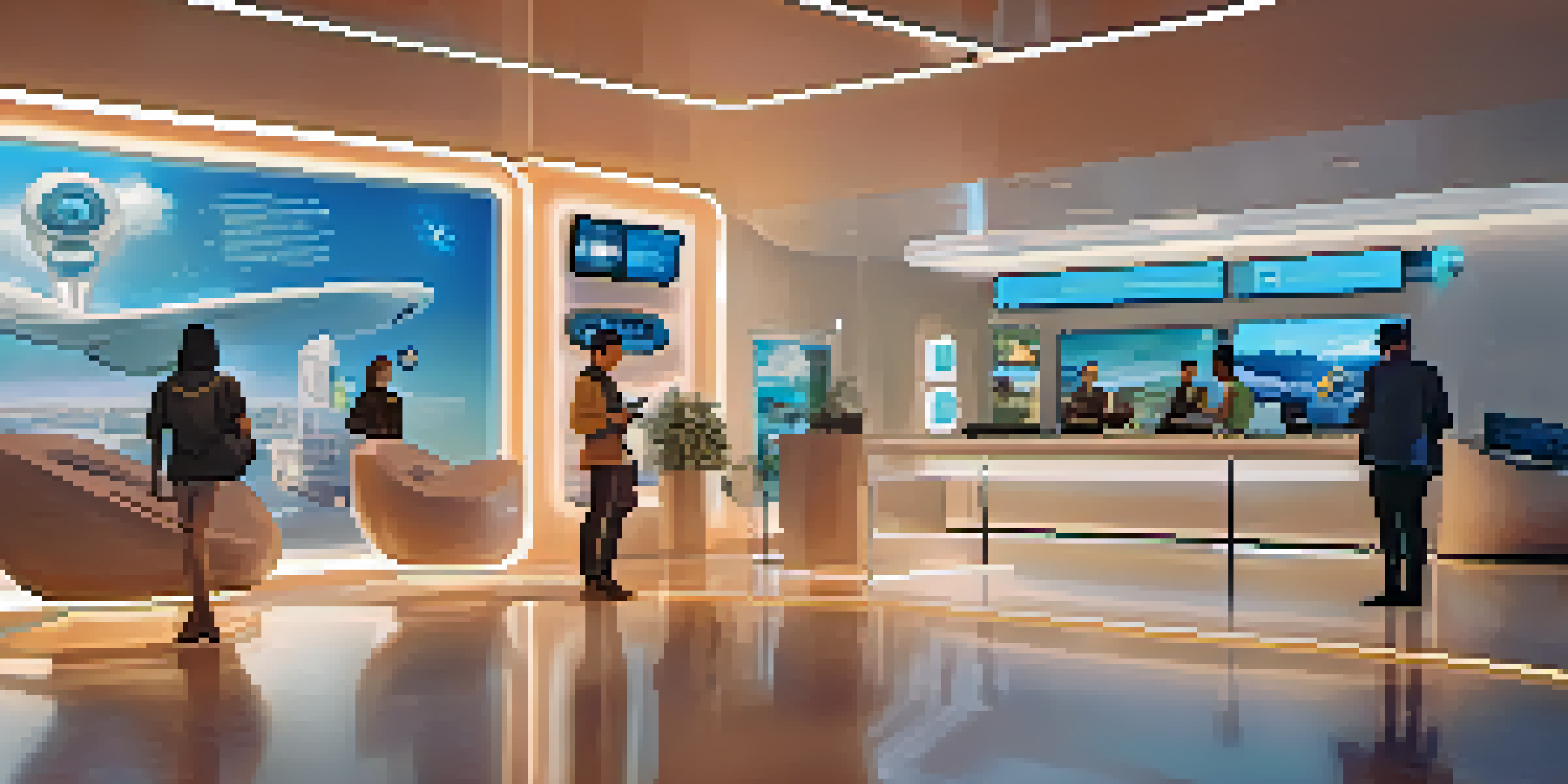 A modern travel agency office where travelers use digital devices to interact with chatbots for travel assistance.
