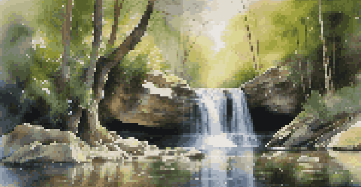 A beautiful waterfall with smooth flowing water, surrounded by lush greenery and dappled sunlight creating patterns on the rocks.
