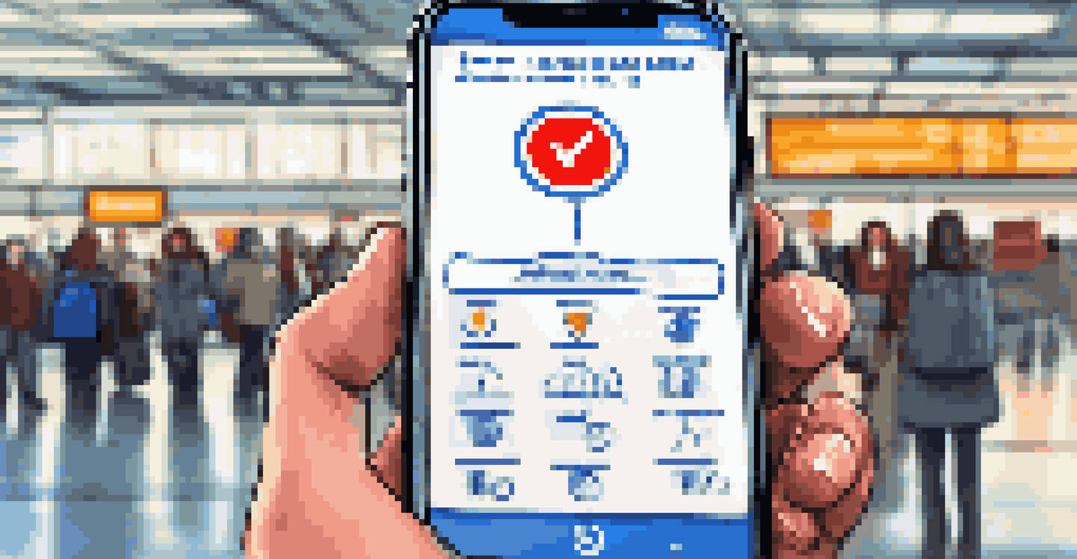 A smartphone showing a travel assistance hotline in a busy airport terminal.