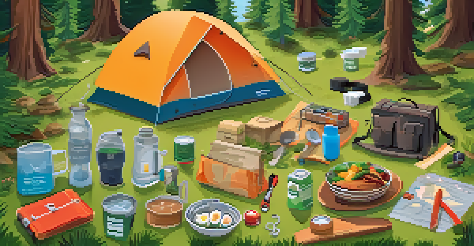 An organized campsite viewed from above, displaying camping essentials like a first aid kit and a cooler on a picnic table, surrounded by trees.