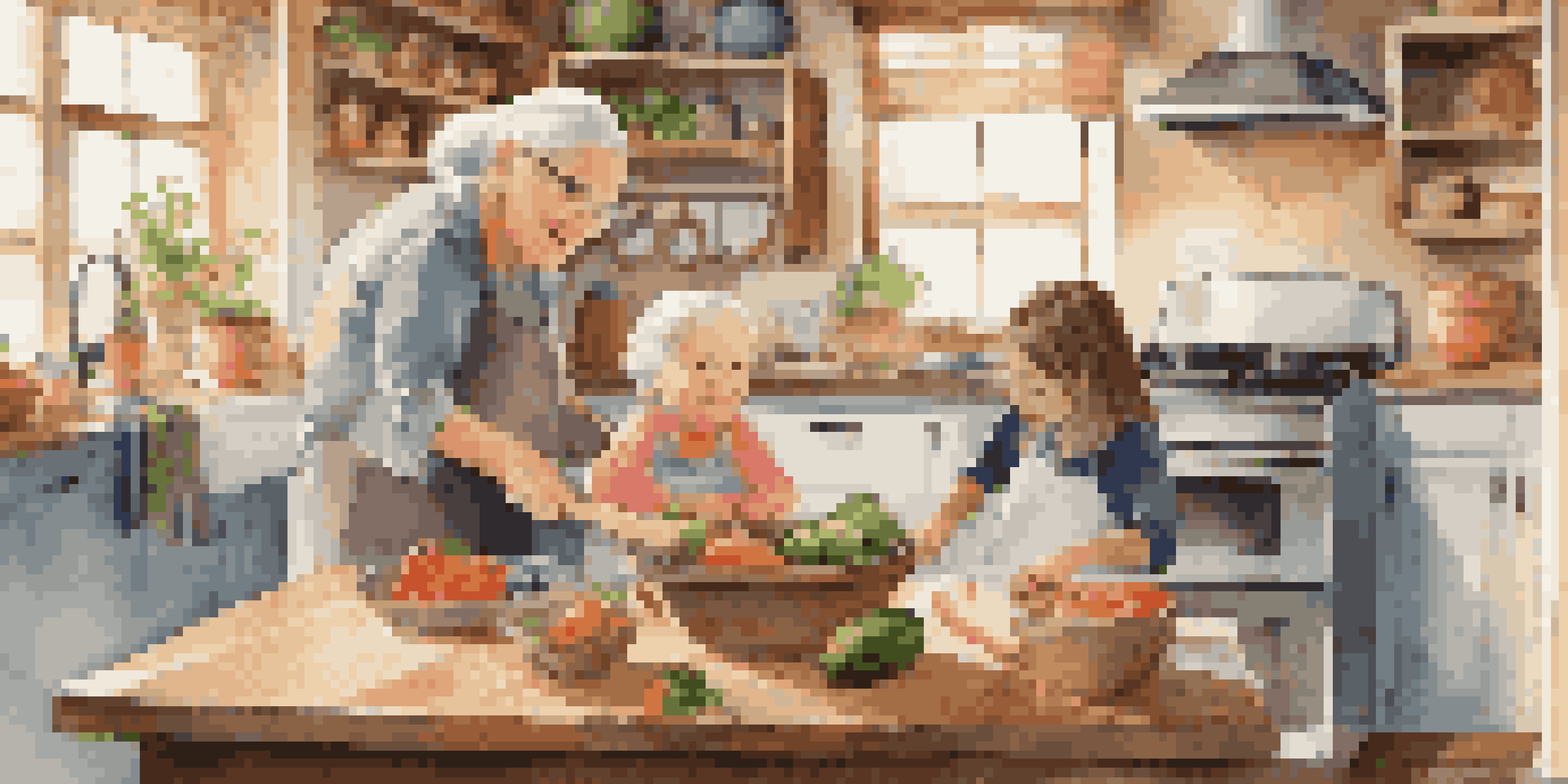 A young child and grandparent cooking together in a bright, warm kitchen filled with fresh vegetables and family photos.