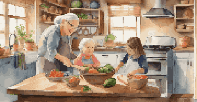 A young child and grandparent cooking together in a bright, warm kitchen filled with fresh vegetables and family photos.
