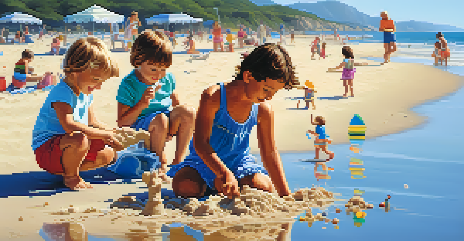 A family at the beach building a sandcastle, with children smiling and colorful beach toys nearby, and gentle waves in the background.