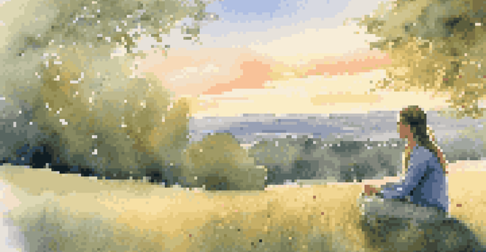 A woman practicing mindfulness outdoors, sitting cross-legged on a grassy hill surrounded by wildflowers during sunset.