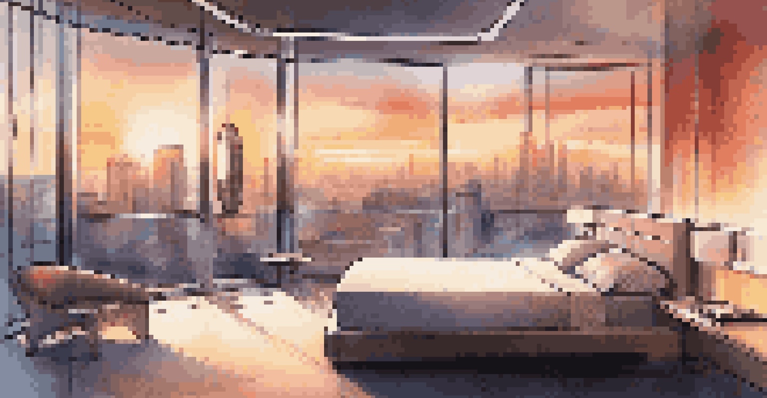 A modern hotel room with smart technology, featuring automated lighting and a view of a city skyline at sunset.