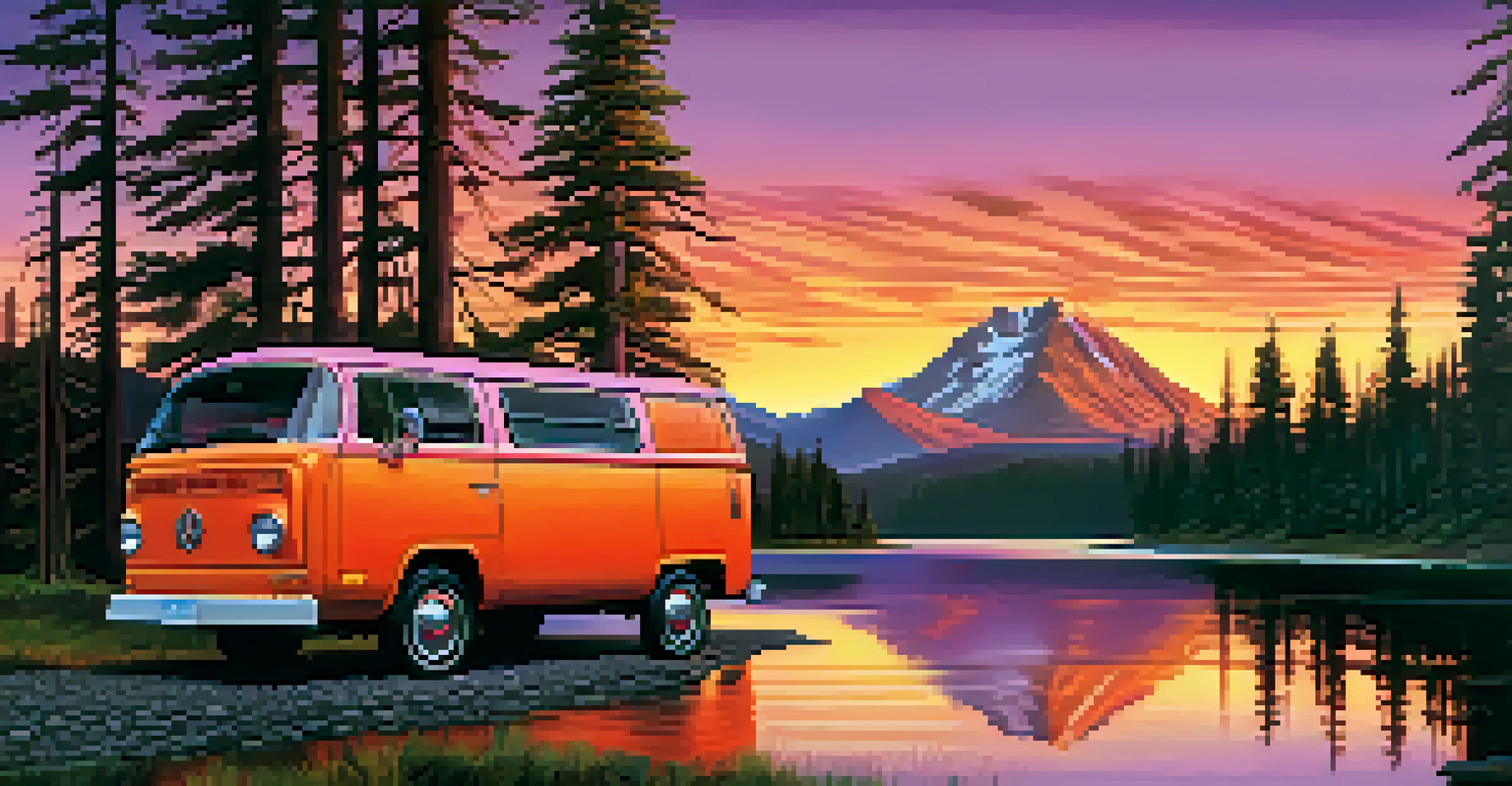 A van parked at a campsite by a lake, with mountains in the background and a colorful sunset sky.