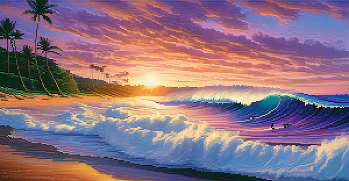 A sunset view of the Banzai Pipeline with surfers riding waves and a sandy beach in the foreground.