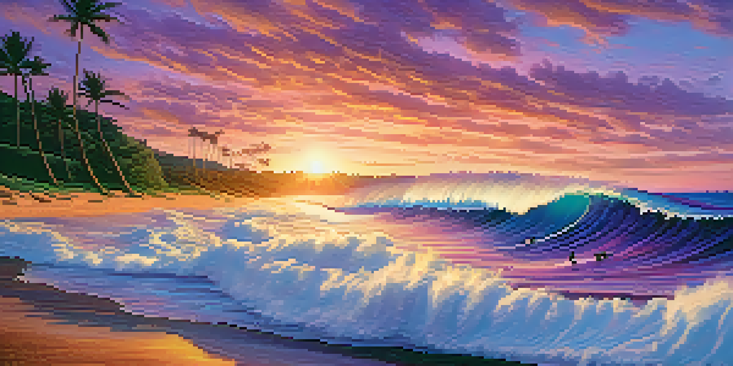 A sunset view of the Banzai Pipeline with surfers riding waves and a sandy beach in the foreground.