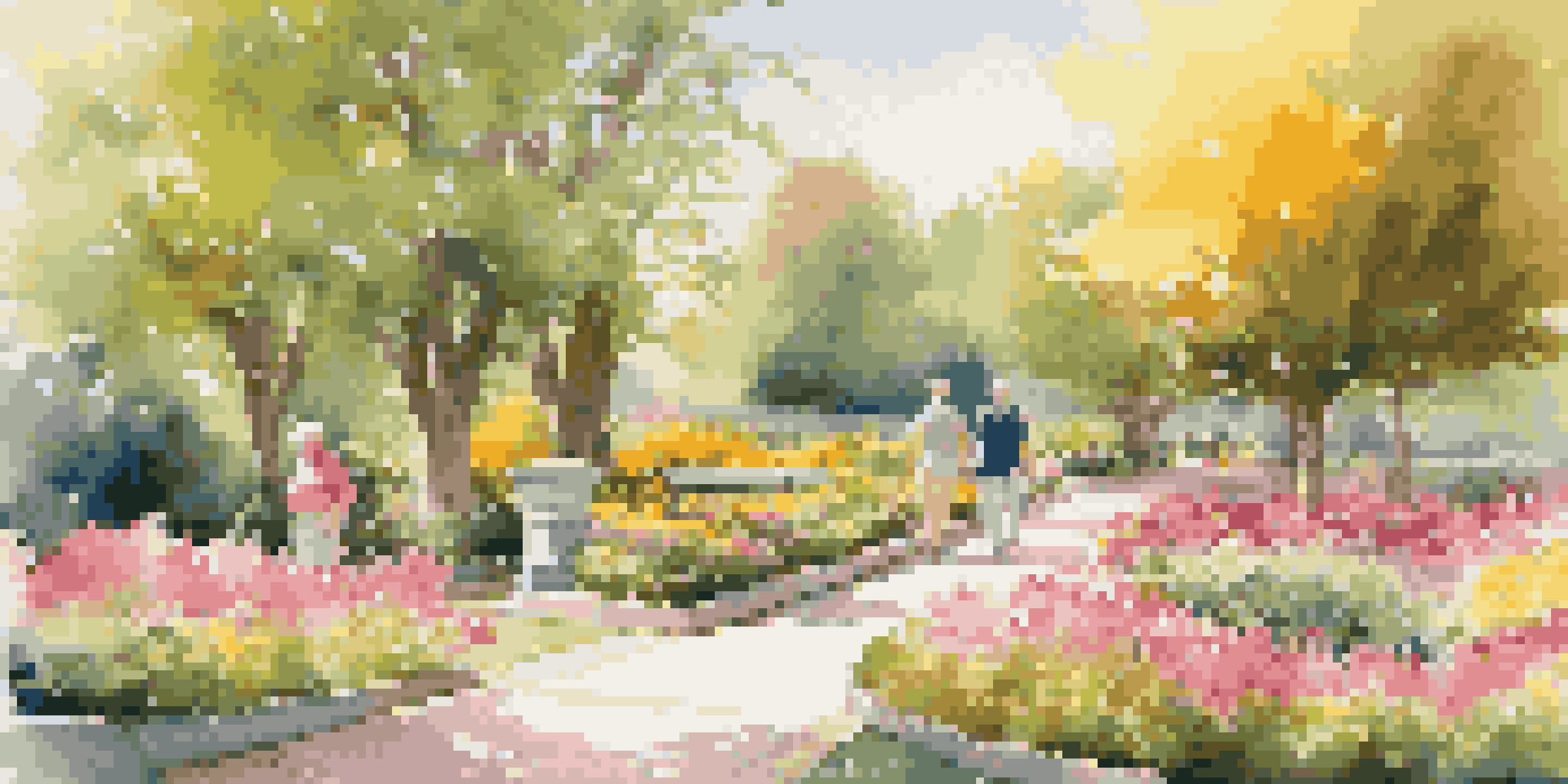 A peaceful park with seniors walking along a flower-lined path under the sunlight.