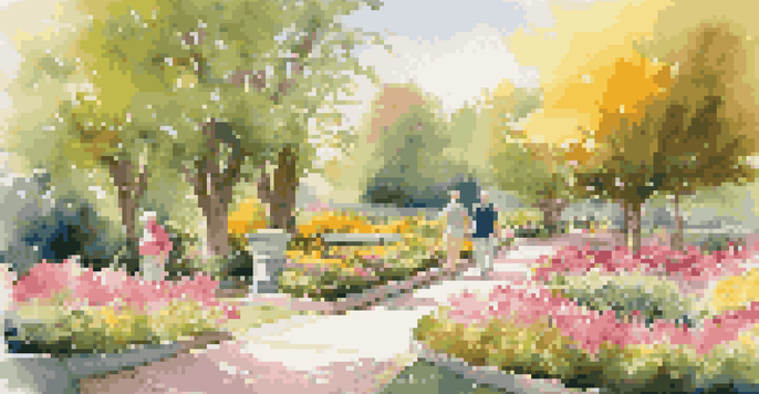 A peaceful park with seniors walking along a flower-lined path under the sunlight.