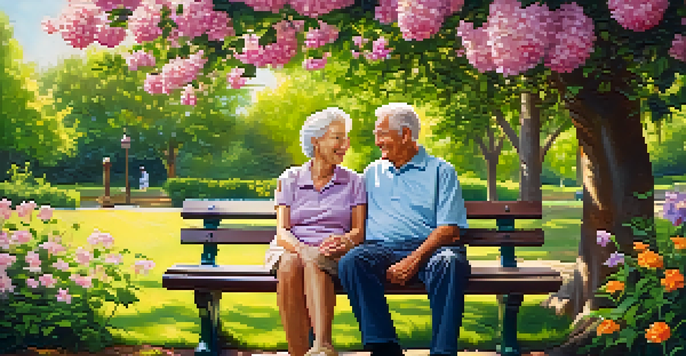 A senior couple on a park bench under a tree, surrounded by flowers, smiling and holding hands on a sunny day.