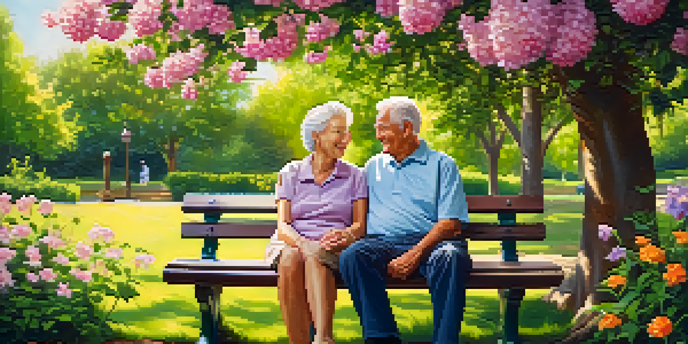 A senior couple on a park bench under a tree, surrounded by flowers, smiling and holding hands on a sunny day.
