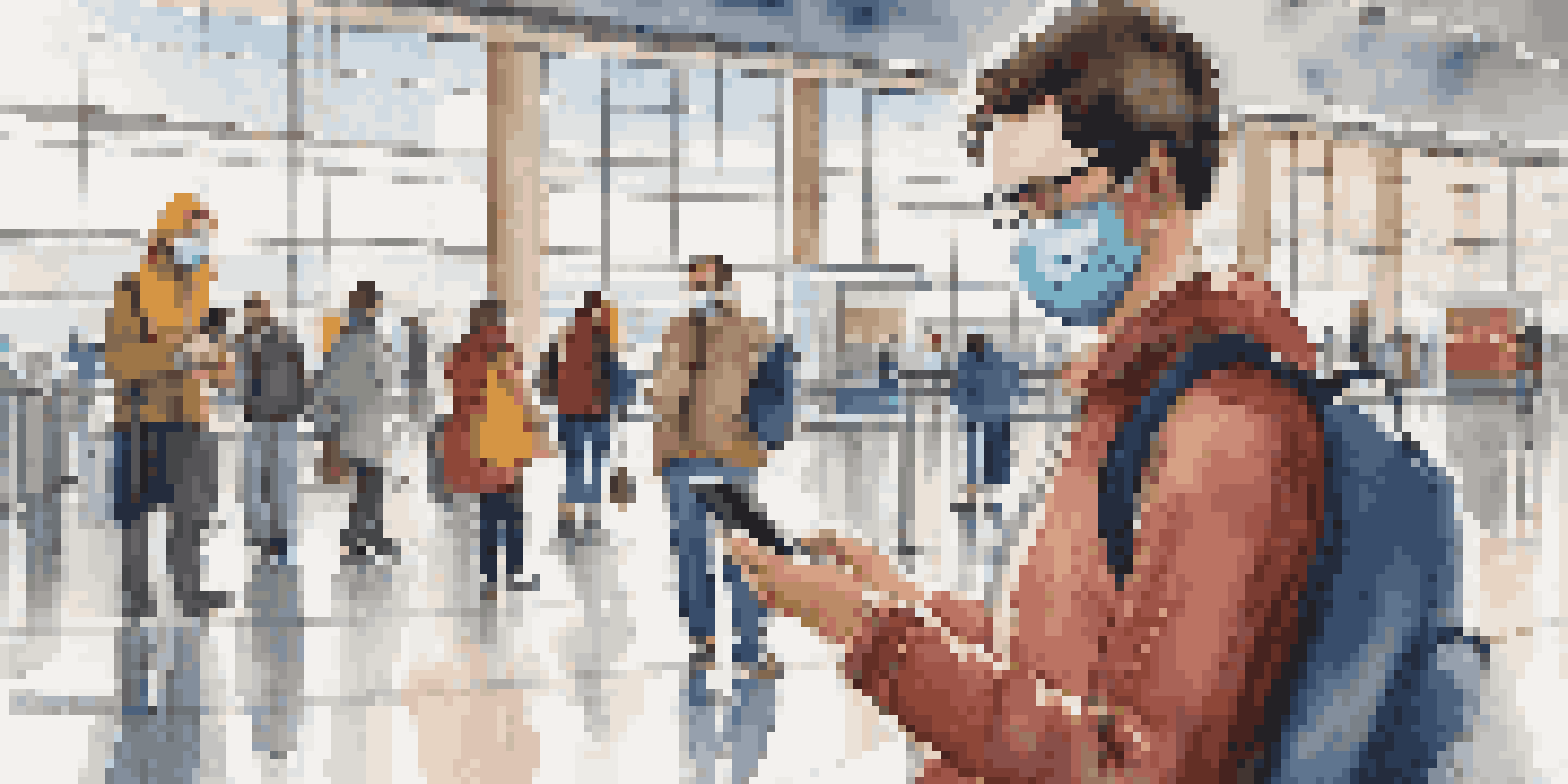 A masked traveler at an airport looking at a smartphone for health guidelines, with bright daylight and other travelers in the background.