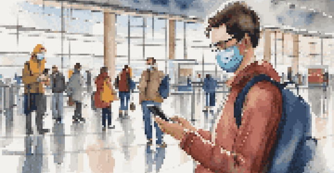 A masked traveler at an airport looking at a smartphone for health guidelines, with bright daylight and other travelers in the background.