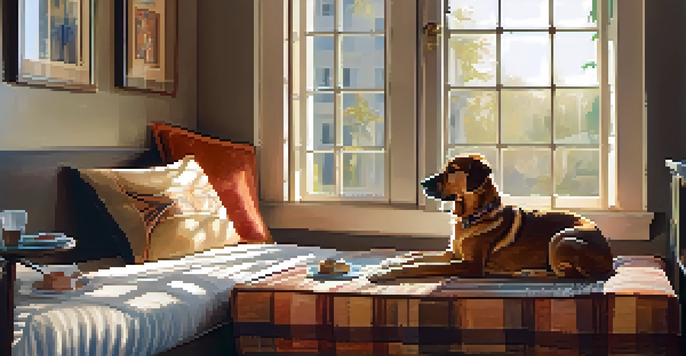 A cozy hotel room with a dog bed, sunlight, and a dog looking out the window.