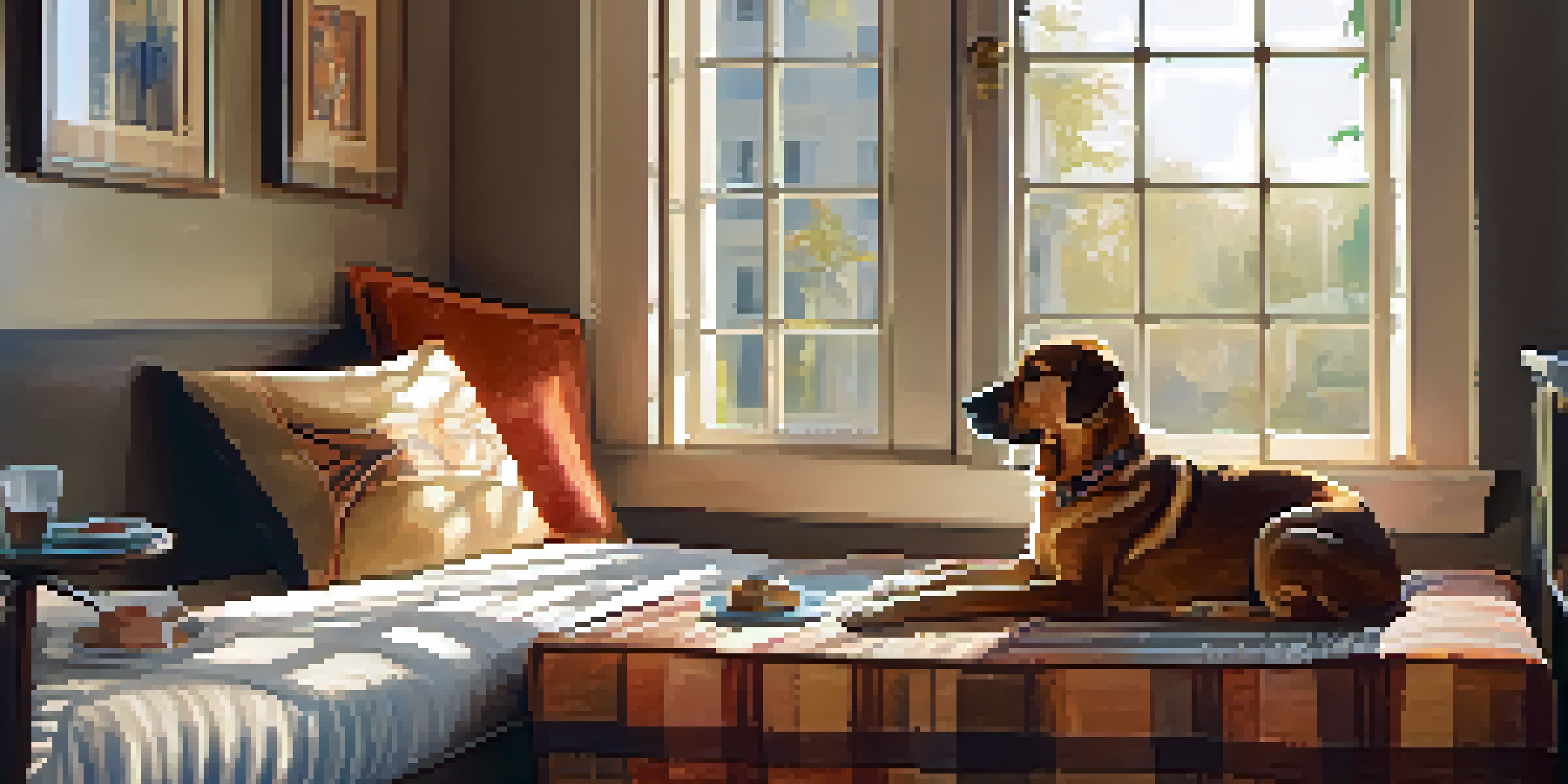 A cozy hotel room with a dog bed, sunlight, and a dog looking out the window.
