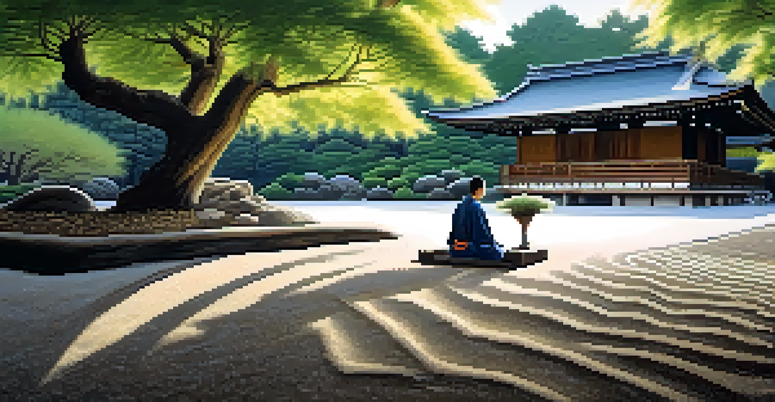 A Zen garden at Ryoan-ji with raked gravel and rocks, illuminated by soft sunlight, with a person meditating nearby.