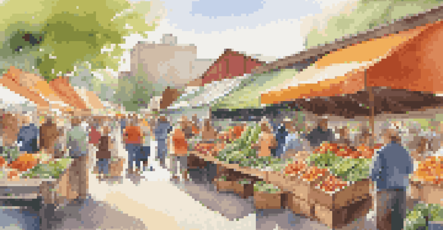 A lively farmers' market showcasing fresh local produce and organic products, with cheerful vendors and shoppers in a sunny atmosphere.