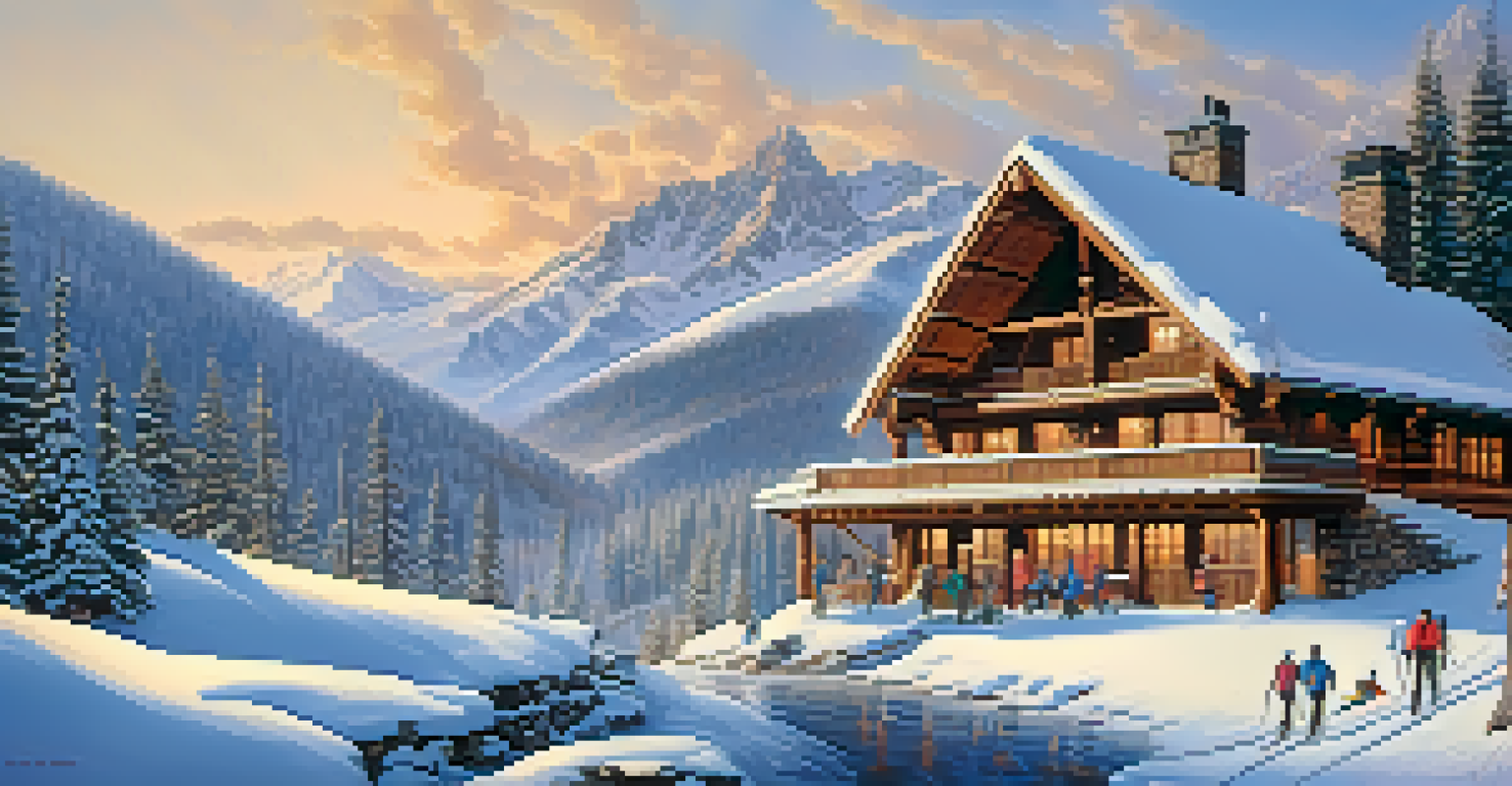 A picturesque winter ski resort with snow-covered mountains and skiers on the slopes.