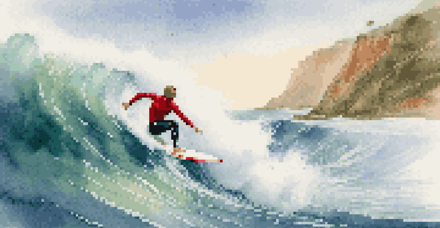 An experienced surfer in a red wetsuit riding a large wave, with splashes of water and a rugged coastline in the background.